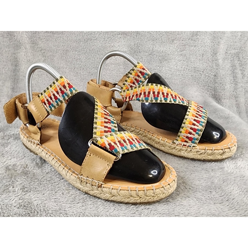 Frye and Co Sandals Womens 7.5M Multi Color Woven Espadrille Tan Leather Boho